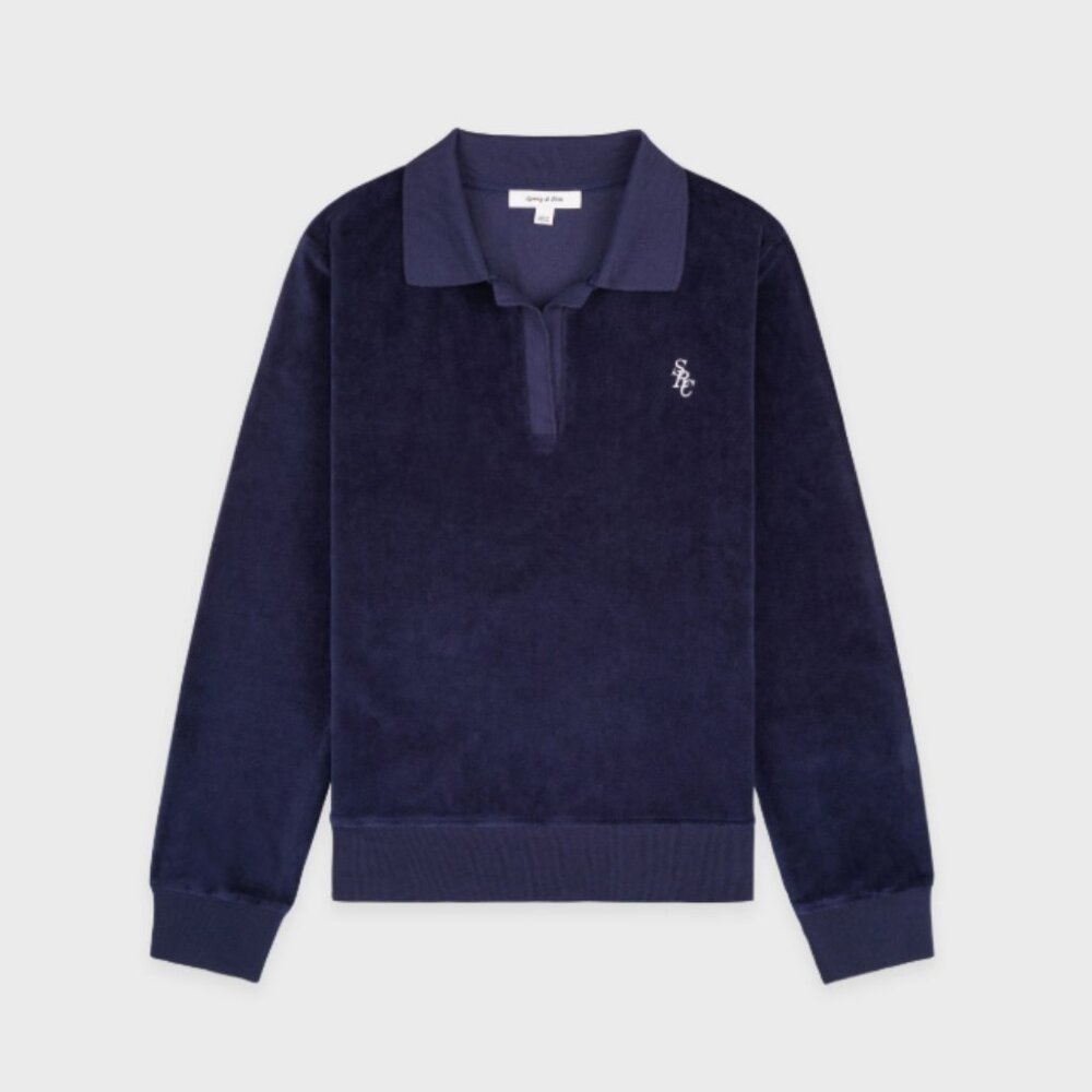 Sporty & Rich SRC Velour Polo Navy V Neck Blouse Top Long Sleeve Retail $140.00